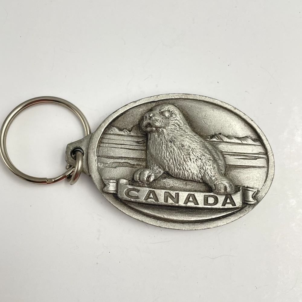 Vintage 90s Canada Souvenir Animal Pup Wildlife Pewter Keychain Charm Jewelry